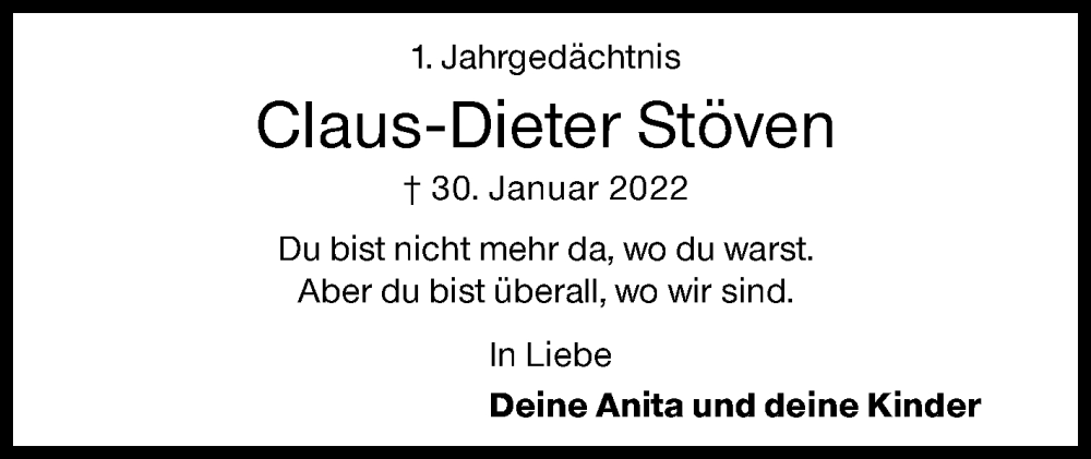  Traueranzeige für Claus-Dieter Stöven vom 30.01.2023 aus Siegener Zeitung
