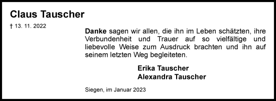 Traueranzeige von Claus Tauscher von Siegener Zeitung