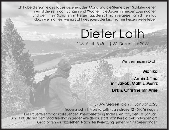 Traueranzeige von Dieter Loth von Siegener Zeitung