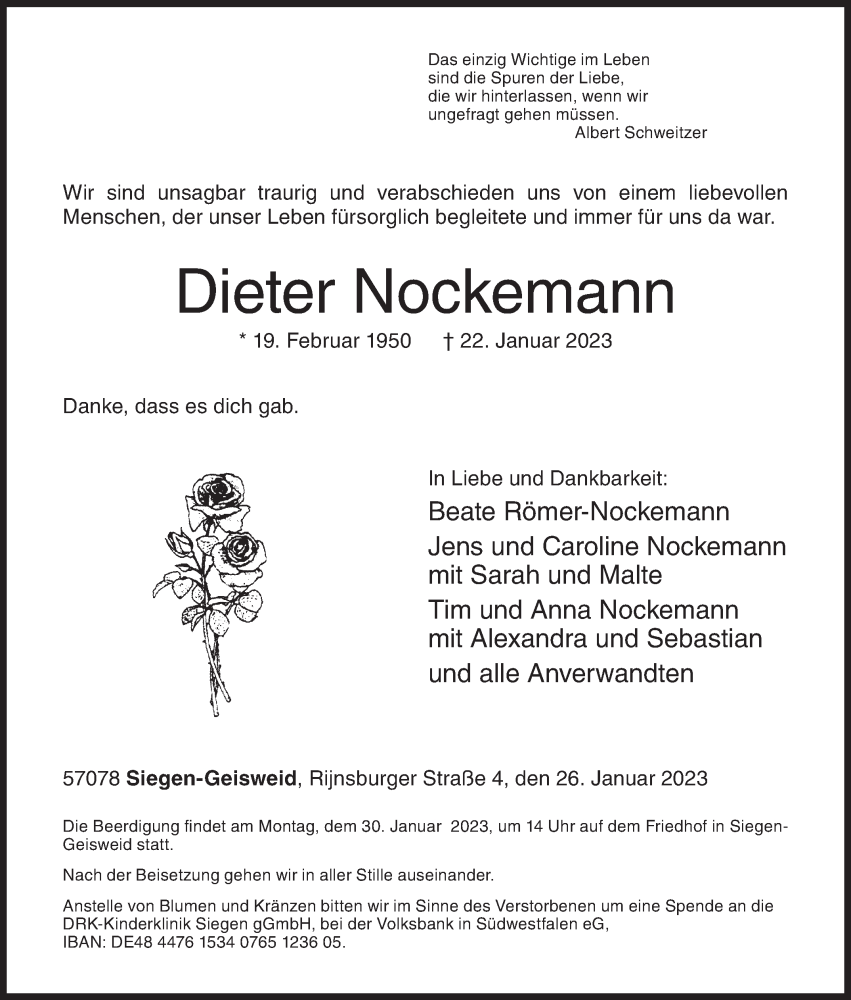  Traueranzeige für Dieter Nockemann vom 26.01.2023 aus Siegener Zeitung