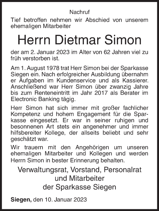 Traueranzeige von Dietmar Simon von Siegener Zeitung