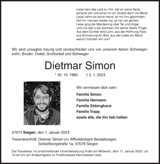 Traueranzeige von Dietmar Simon von Siegener Zeitung