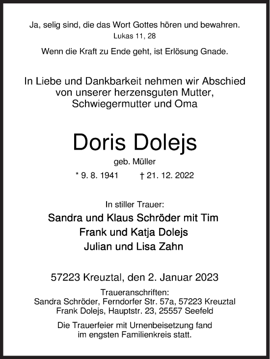 Traueranzeige von Doris Dolejs von Siegener Zeitung