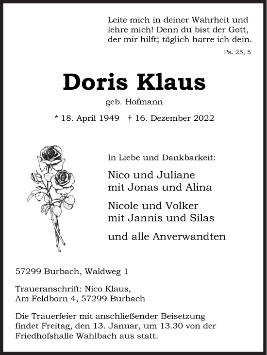 Traueranzeige von Doris Klaus von Siegener Zeitung