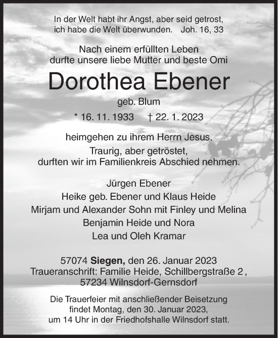 Traueranzeige von Dorothea Ebener von Siegener Zeitung