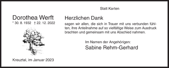 Traueranzeige von Dorothea Werft von Siegener Zeitung