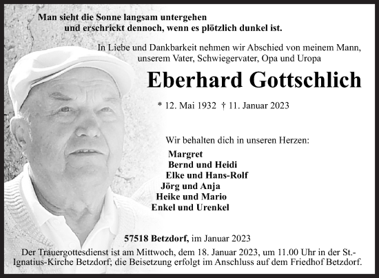 Traueranzeige von Eberhard Gottschlich von Siegener Zeitung