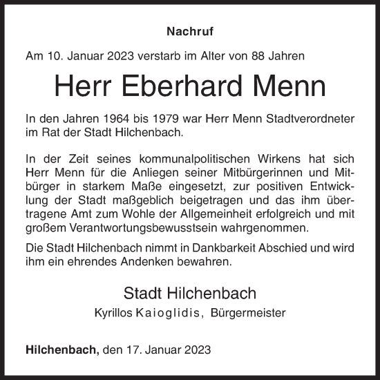 Traueranzeige von Eberhard Menn von Siegener Zeitung