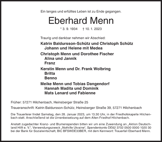 Traueranzeige von Eberhard Menn von Siegener Zeitung