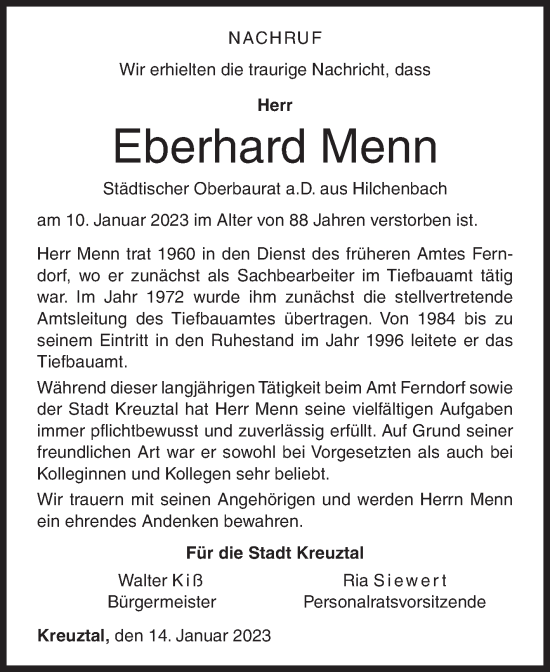 Traueranzeige von Eberhard Menn von Siegener Zeitung