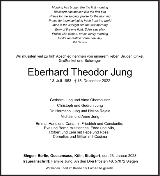 Traueranzeige von Eberhard Theodor Jung von Siegener Zeitung