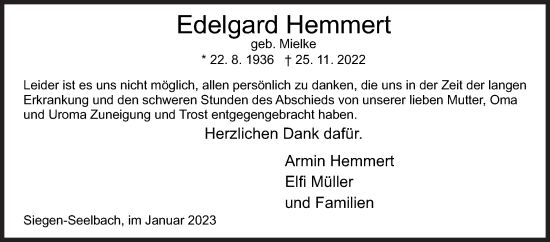 Traueranzeige von Edelgard Hemmert von Siegener Zeitung