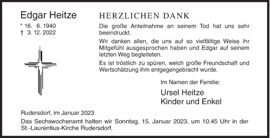 Traueranzeige von Edgar Heitze von Siegener Zeitung