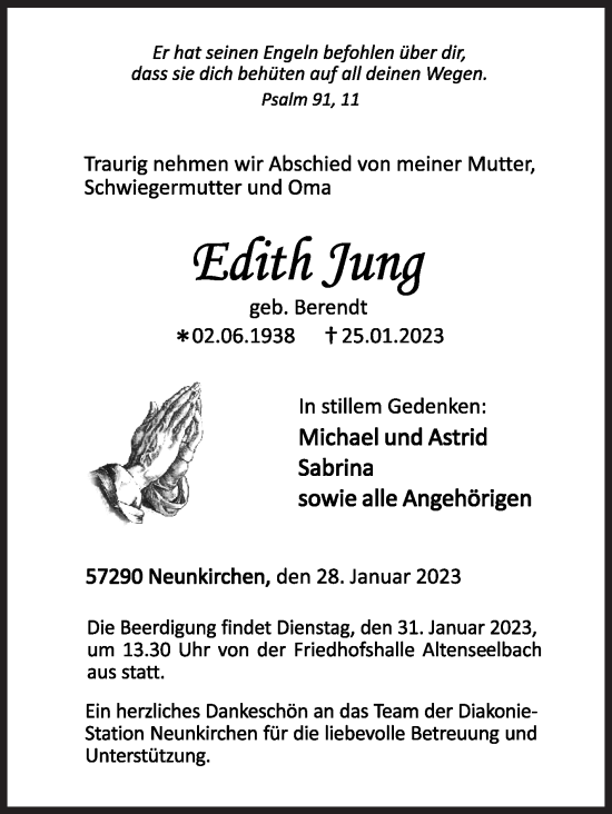 Traueranzeige von Edith Jung von Siegener Zeitung