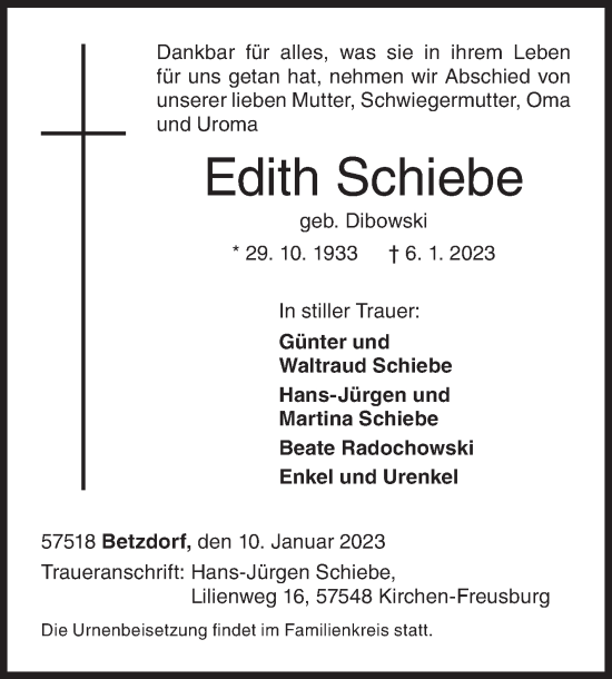 Traueranzeige von Edith Schiebe von Siegener Zeitung