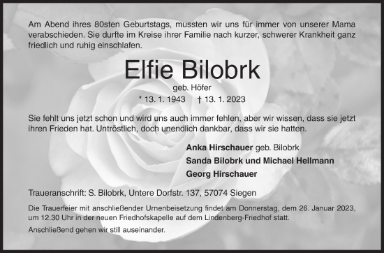 Traueranzeige von Elfie Bilobrk von Siegener Zeitung