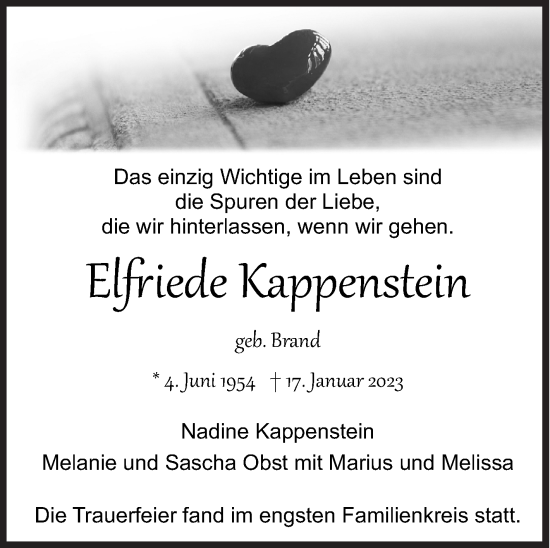 Traueranzeige von Elfriede Kappenstein von Siegener Zeitung