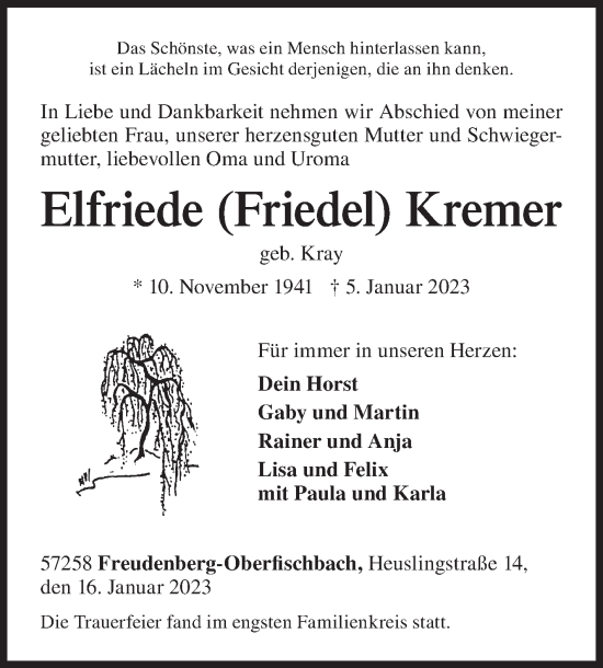 Traueranzeige von Elfriede Kremer von Siegener Zeitung