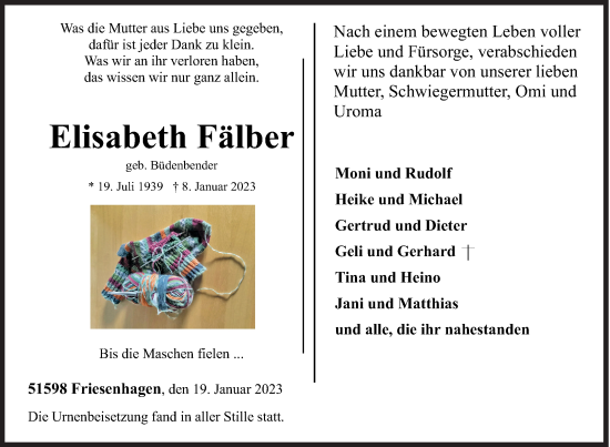 Traueranzeige von Elisabeth Fälber von Siegener Zeitung