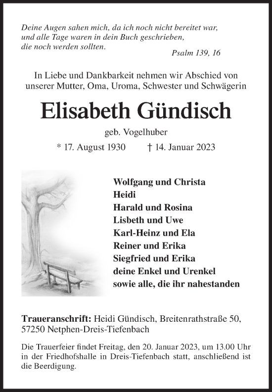 Traueranzeige von Elisabeth Gündisch von Siegener Zeitung