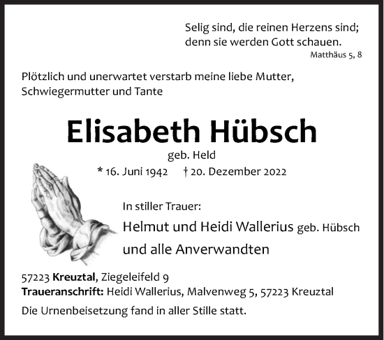 Traueranzeige von Elisabeth Hübsch von Siegener Zeitung