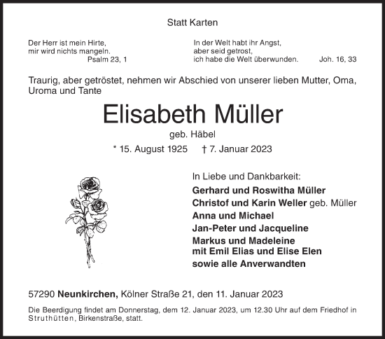 Traueranzeige von Elisabeth Müller von Siegener Zeitung