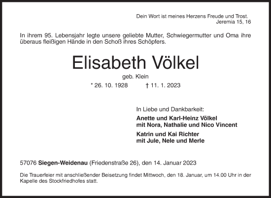 Traueranzeige von Elisabeth Völkel von Siegener Zeitung
