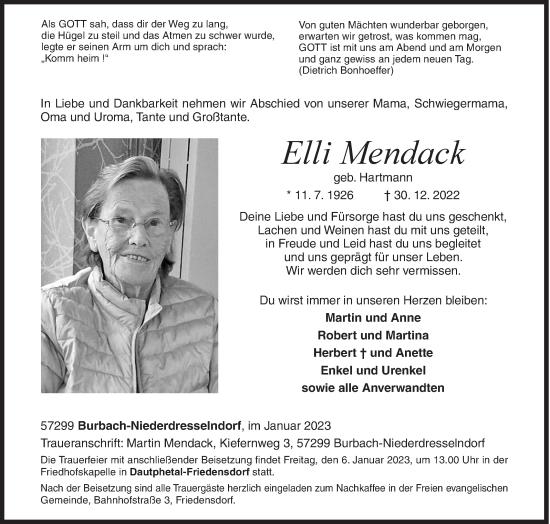 Traueranzeige von Elli Mendack von Siegener Zeitung