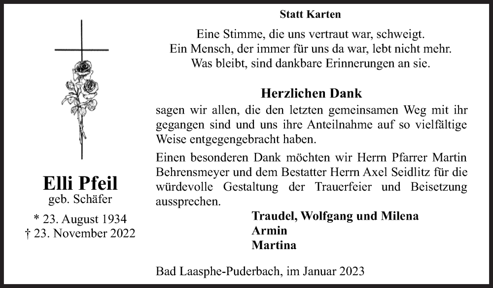  Traueranzeige für Elli Pfeil vom 21.01.2023 aus Siegener Zeitung