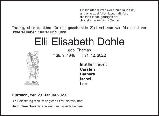 Traueranzeige von Elli Elisabeth Dohle von Siegener Zeitung