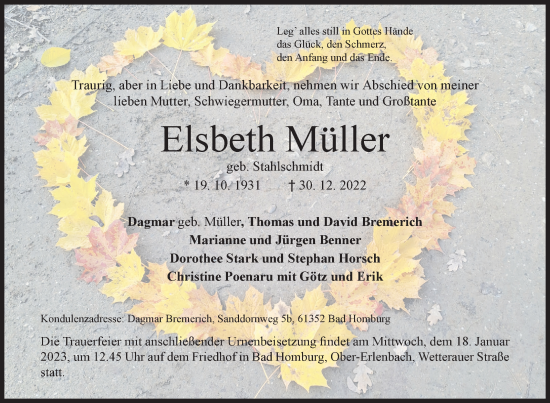 Traueranzeige von Elsbeth Müller von Siegener Zeitung