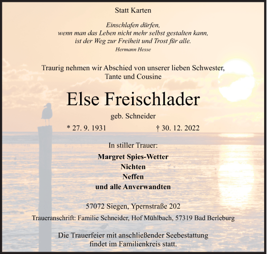 Traueranzeige von Else Freischlader von Siegener Zeitung