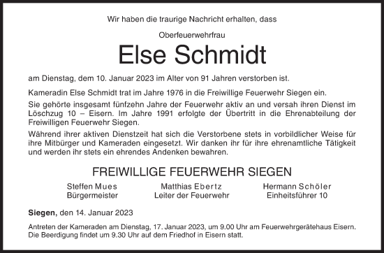 Traueranzeige von Else Schmidt von Siegener Zeitung