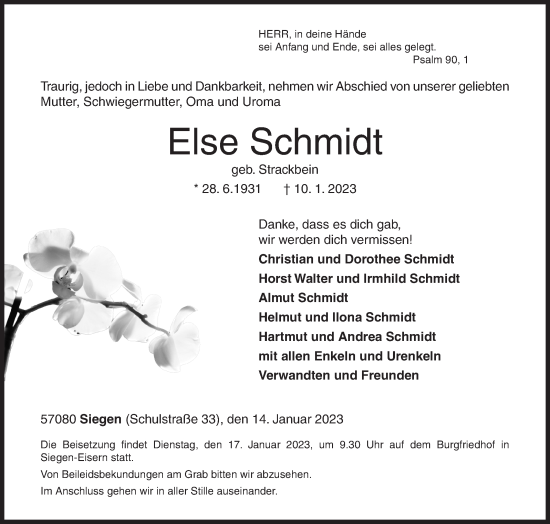 Traueranzeige von Else Schmidt von Siegener Zeitung