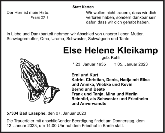 Traueranzeige von Else Helene Kleikamp von Siegener Zeitung