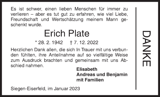 Traueranzeige von Erich Plate von Siegener Zeitung