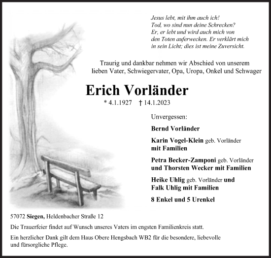 Traueranzeige von Erich Vorländer von Siegener Zeitung