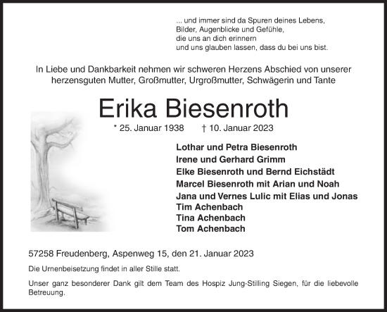 Traueranzeige von Erika Biesenroth von Siegener Zeitung