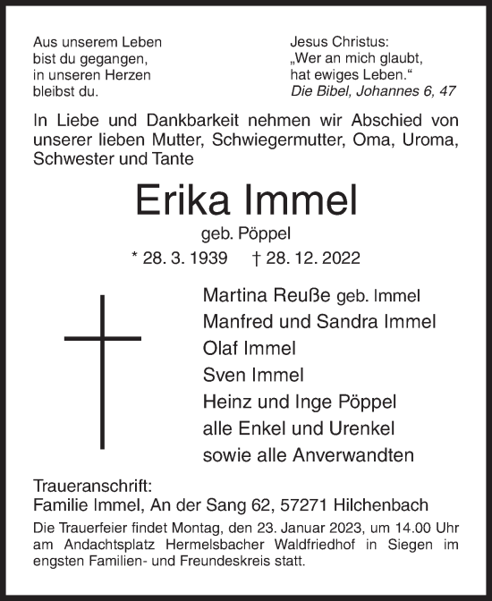 Traueranzeige von Erika Immel von Siegener Zeitung