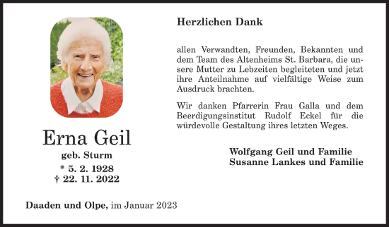 Traueranzeige von Erna Geil von Siegener Zeitung