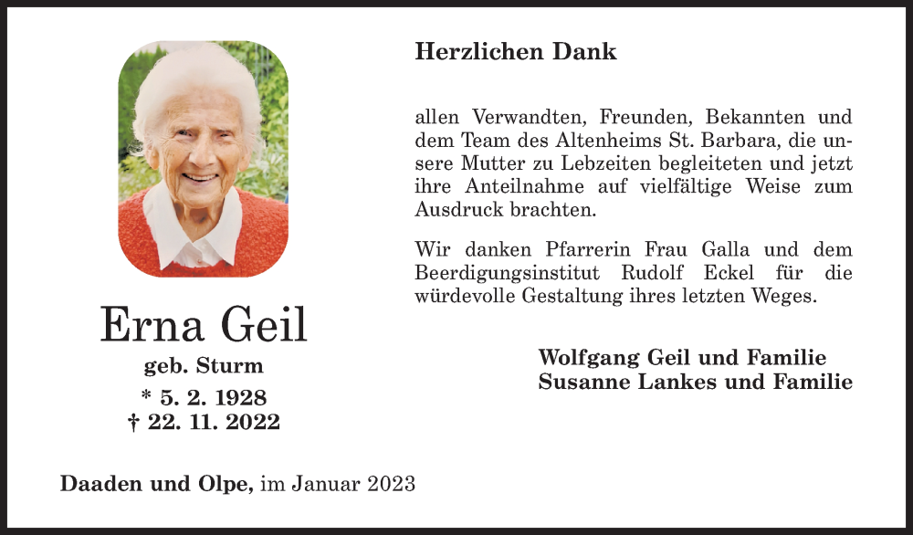  Traueranzeige für Erna Geil vom 21.01.2023 aus Siegener Zeitung