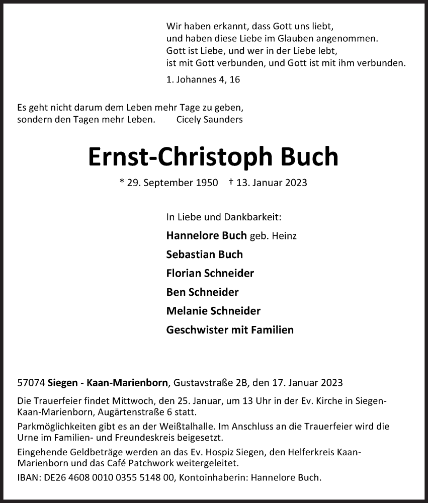  Traueranzeige für Ernst-Christoph Buch vom 17.01.2023 aus Siegener Zeitung