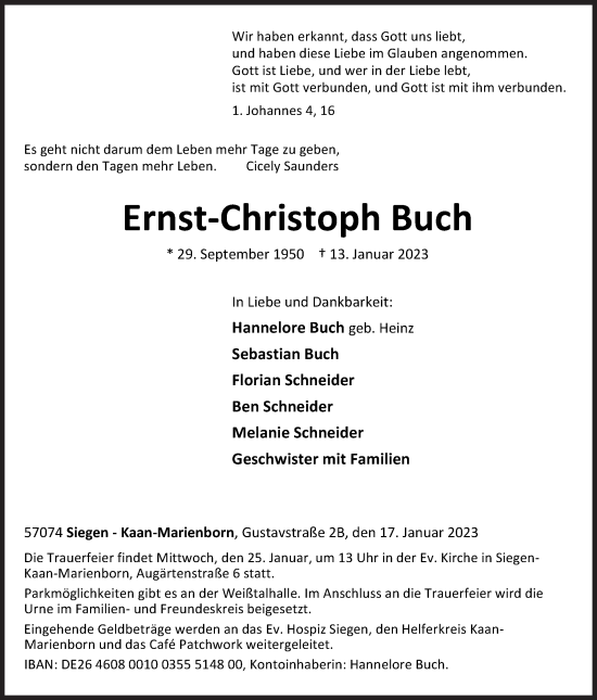 Traueranzeige von Ernst-Christoph Buch von Siegener Zeitung