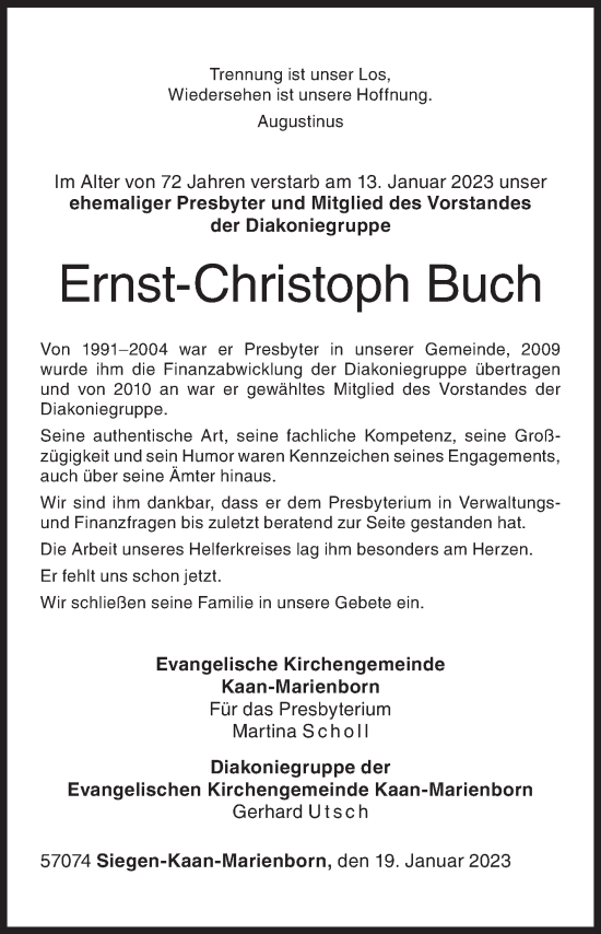 Traueranzeige von Ernst-Christoph Buch von Siegener Zeitung