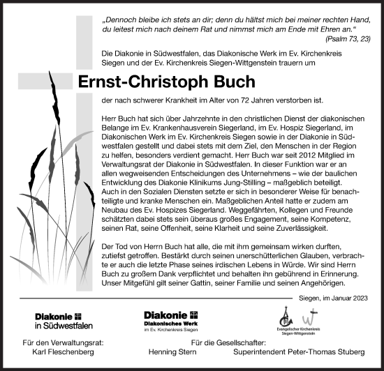Traueranzeige von Ernst-Christoph Buch von Siegener Zeitung