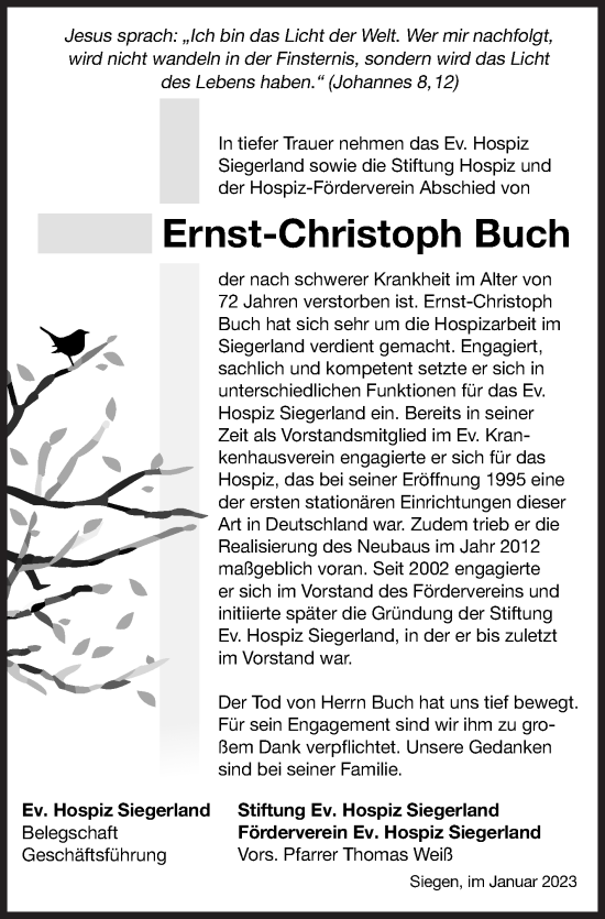 Traueranzeige von Ernst-Christoph Buch von Siegener Zeitung