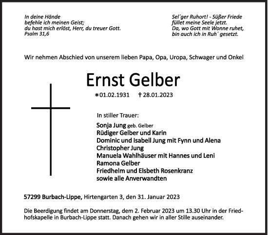 Traueranzeige von Ernst Gelber von Siegener Zeitung