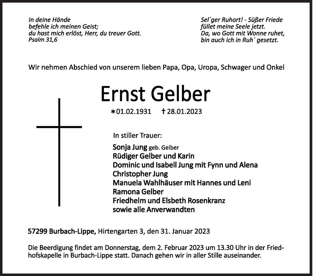  Traueranzeige für Ernst Gelber vom 31.01.2023 aus Siegener Zeitung