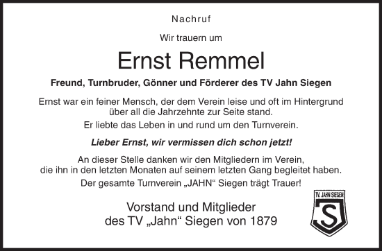 Traueranzeige von Ernst Remmel von Siegener Zeitung
