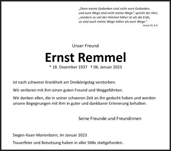Traueranzeige von Ernst Remmel von Siegener Zeitung